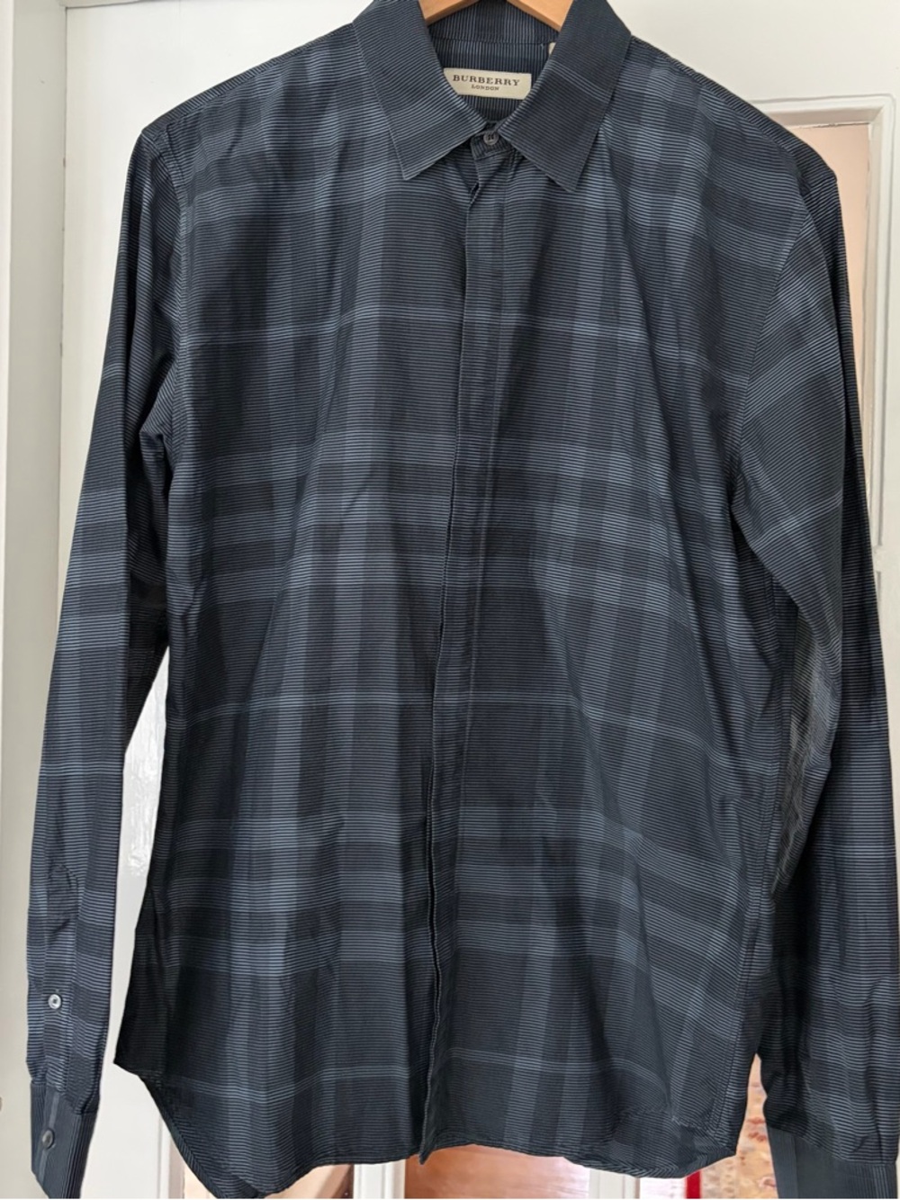 Burberry Black and Gray Plaid Long-Sleeve Dress Shirt Large